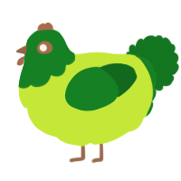 A lime and leaf chicken with a head pattern