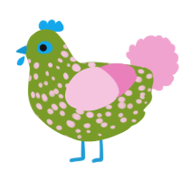 A chartreuse and pink chicken with a speckle pattern