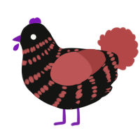 A black and red chicken with a bar pattern