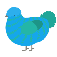 A sky and turquoise chicken with a bar pattern