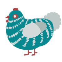 A teal and silver chicken with a bar pattern
