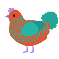 A vermilion and turquoise chicken with a lace pattern