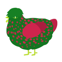 A leaf and crimson chicken with a speckle pattern