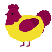 A yellow and maroon chicken with a head pattern