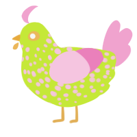 A lime and pink chicken with a speckle pattern
