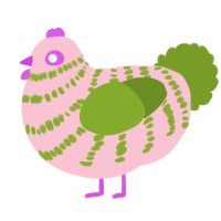 A rose and chartreuse chicken with a bar pattern