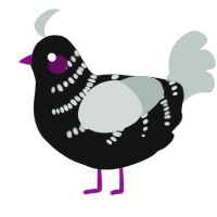 A black and silver chicken with a half-bar pattern
