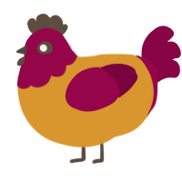 caramel apple, a orange and maroon chicken with a head pattern