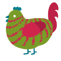 A chartreuse and crimson chicken with a bar pattern