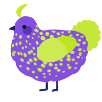 A blurple and lime chicken with a speckle pattern