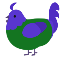A leaf and indigo chicken with a head pattern