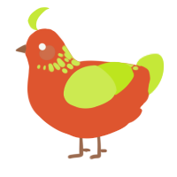 A vermilion and lime chicken with a neck-speckle pattern