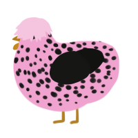 A pink and black chicken with a speckle pattern