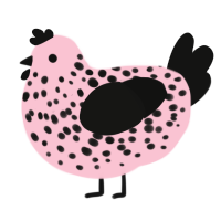 A rose and black chicken with a speckle pattern