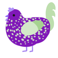 A violet and gluppy chicken with a speckle pattern