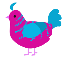 A fuchsia and cerulean chicken with a half-bar pattern