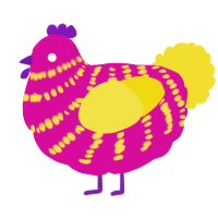 A fuchsia and yellow chicken with a bar pattern