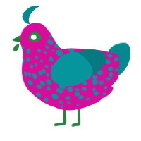 A fuchsia and teal chicken with a speckle pattern