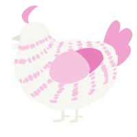 A white and pink chicken with a bar pattern