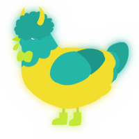 A yellow and turquoise chicken with a head pattern