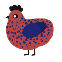 A red and navy chicken with a speckle pattern
