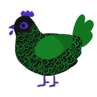 Glitchy, a black and leaf chicken with a double-lace pattern