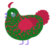 A leaf and crimson chicken with a speckle pattern