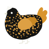 Bumble, a black and orange chicken with a speckle pattern