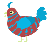 A red and cerulean chicken with a bar pattern