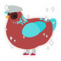 A red and aqua chicken with a neck-speckle pattern