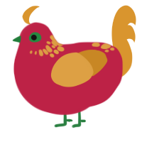 A crimson and orange chicken with a neck-speckle pattern