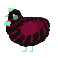 A black and maroon chicken with a bar pattern