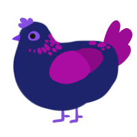 A navy and plum chicken with a neck-speckle pattern