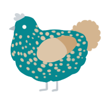A teal and beige chicken with a speckle pattern