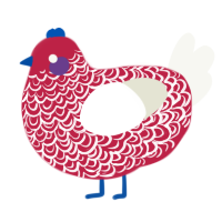 A crimson and white chicken with a double-lace pattern