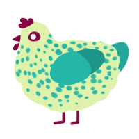 A apple and turquoise chicken with a speckle pattern