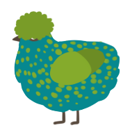 A teal and chartreuse chicken with a speckle pattern