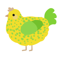 A yellow and grass chicken with a speckle pattern