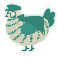 A silver and teal chicken with a bar pattern