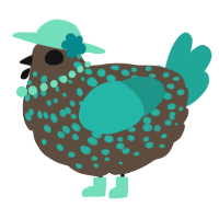 A bark and turquoise chicken with a speckle pattern