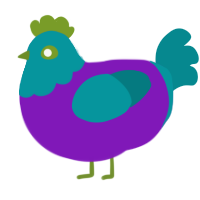 A violet and teal chicken with a head pattern