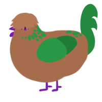 dirt patch, a brown and viridian chicken with a neck-speckle pattern