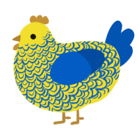 A yellow and ultramarine chicken with a double-lace pattern