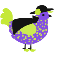A blurple and lime chicken with a speckle pattern