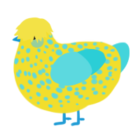 Blue cheese Banana, a yellow and aqua chicken with a speckle pattern