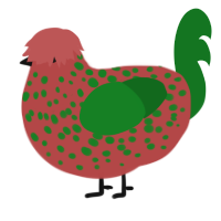 A red and leaf chicken with a speckle pattern