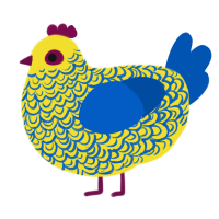 A yellow and ultramarine chicken with a double-lace pattern