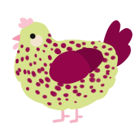 A lemon and maroon chicken with a speckle pattern