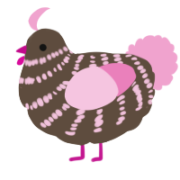 A bark and pink chicken with a bar pattern
