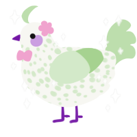 A white and gluppy chicken with a speckle pattern